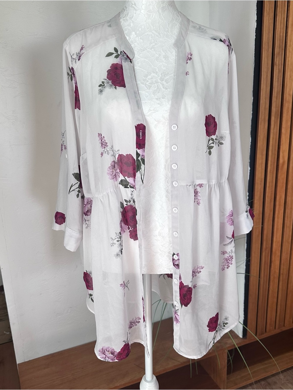 White Floral Button-Front Women's Tunic with Rose Print